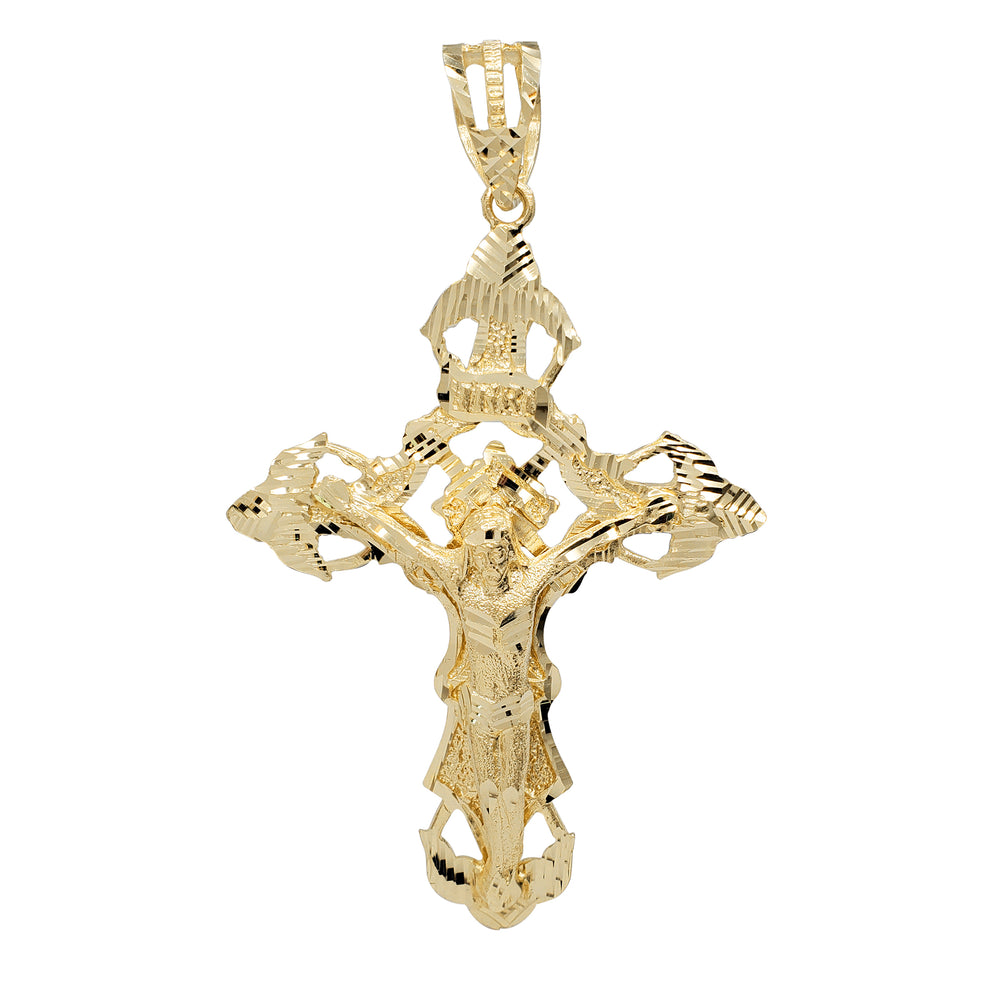 [4.2 inch] Diamond-cuts "INRI" Solid Crucifix Pendant (14K)