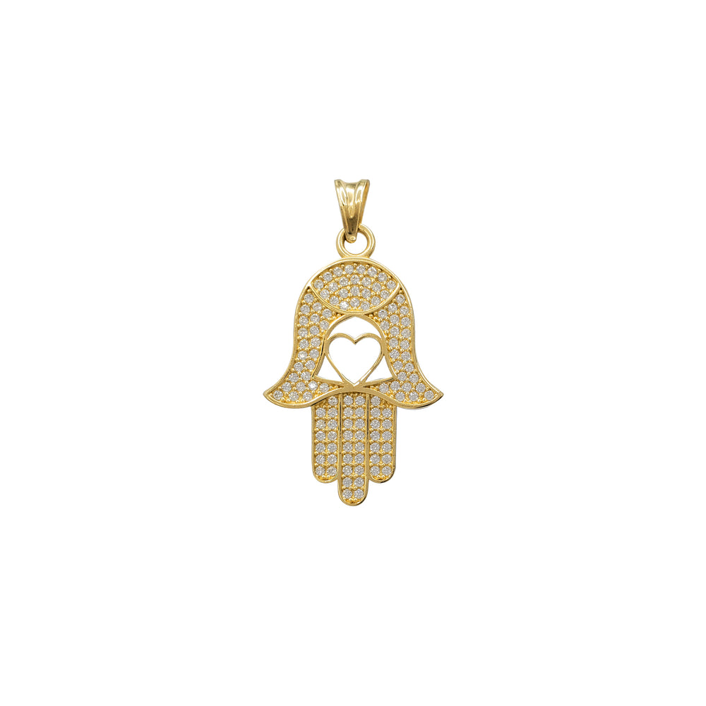 Zirconia Heart Hamsa Hand Pendant (14K)