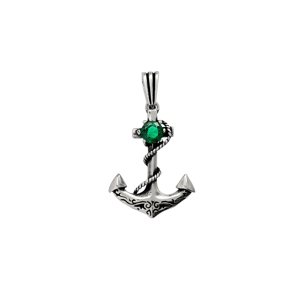 Green Zirconia Rope & Anchor Pendant (Silver)
