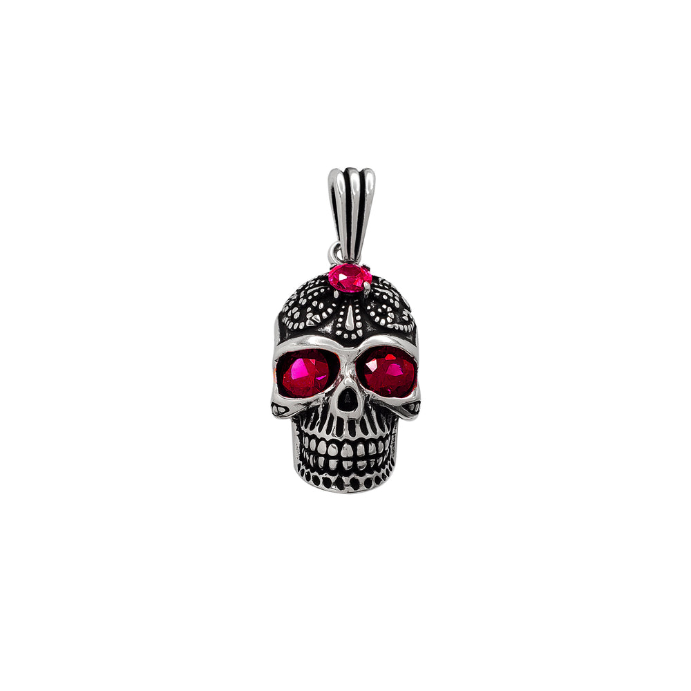 Red-Eyes Antique-Finish Filigree Skull Pendant (Silver)