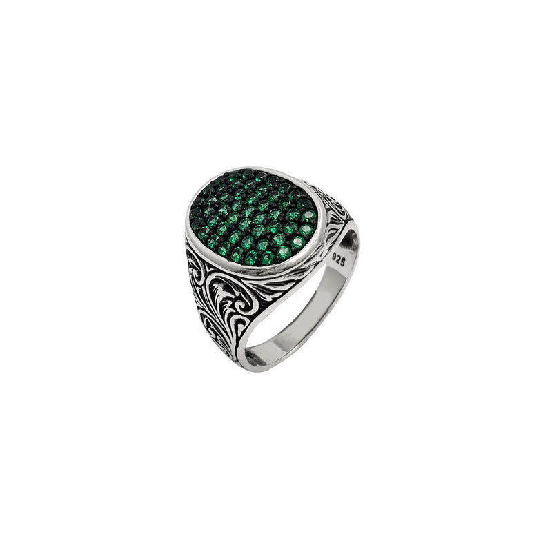 Green Zirconia Pave Antique-Finish Oval Signet Ring (Silver)