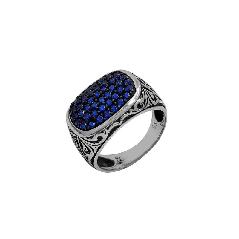 Blue Zirconia Pave Antique-Finish Rectangle Signet Ring (Silver)
