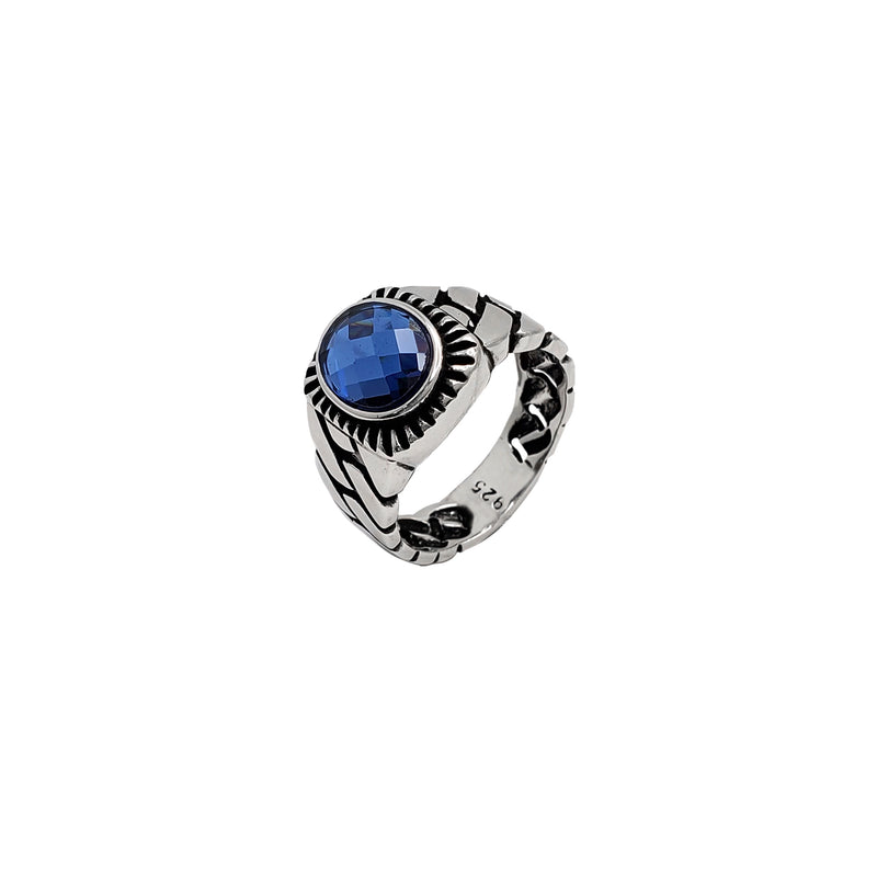 Blue Zirconia Antique Finish Cuban Ring (Silver)