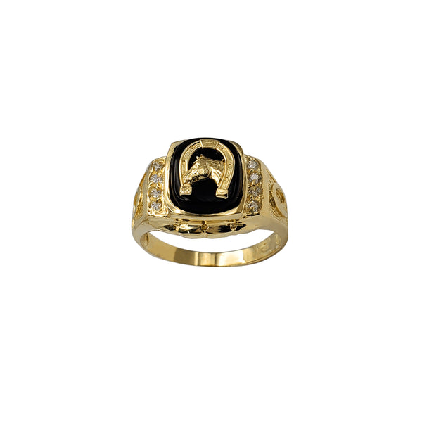 Black Onyx Horsehead & Horseshoe Men's Ring (14K)