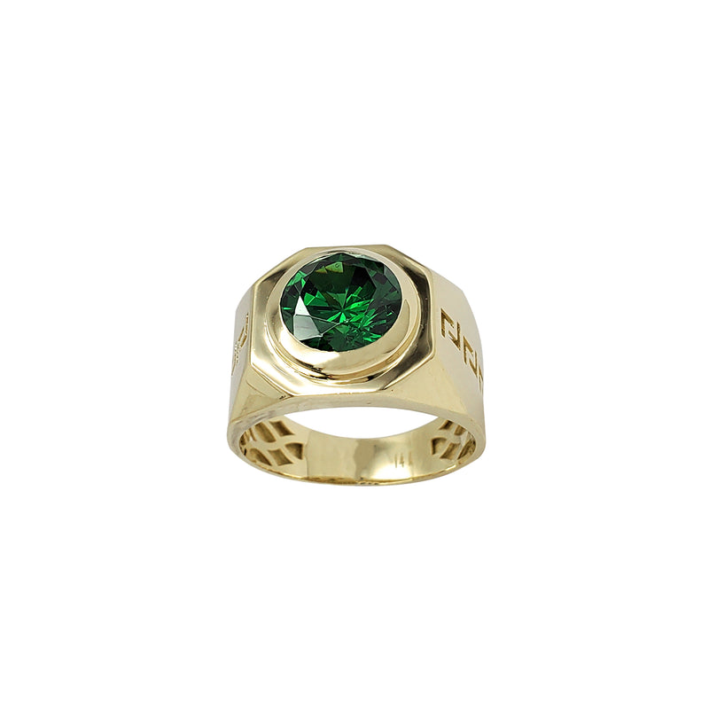 Green Zirconia Outlined Greek Key Men's Ring (14K)