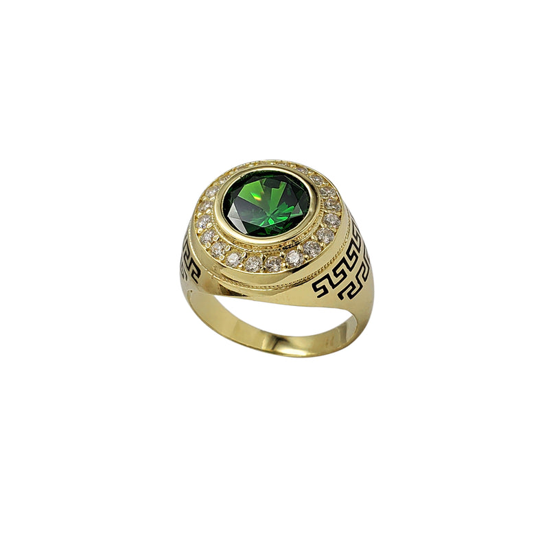 Round Halo Bezel Green Zirconia Greek Key Men's Ring (14K)