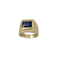 Horizontal Emerald-Shape Blue Zirconia Outlined Greek Key Men's Ring (14K)