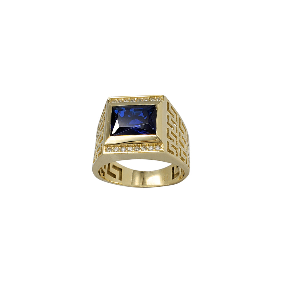 Horizontal Emerald-Shape Blue Zirconia Outlined Greek Key Men's Ring (14K)