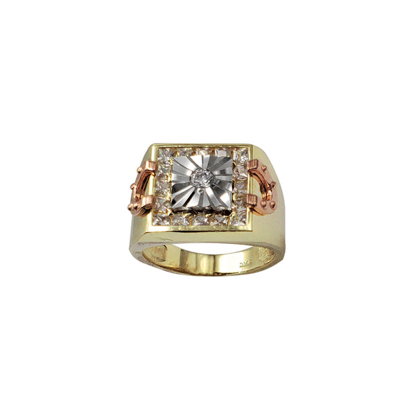 Tricolor Fluted Square Setting & Horseshoe Men's Ring (14K)