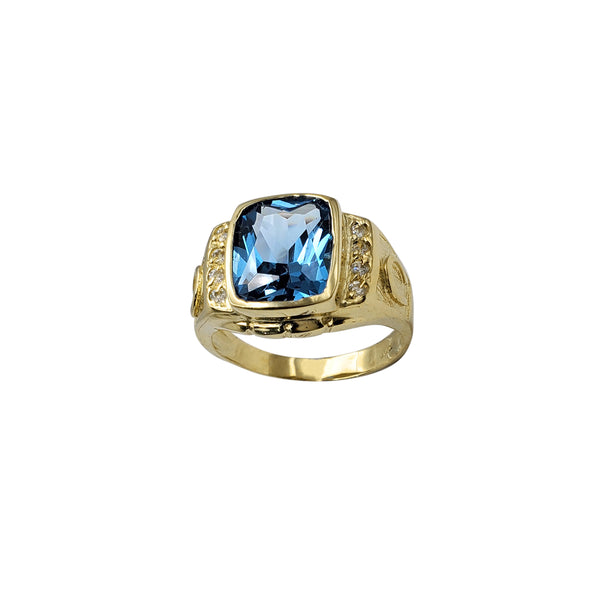 Blue Zirconia Bezel Cushion-Shape & Horseshoe Men's Ring (14K)