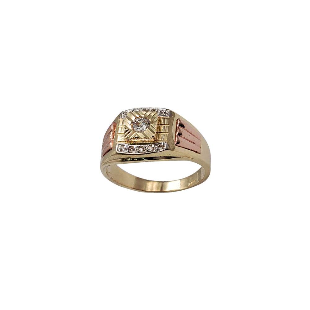 Tricolor Raised Fluted Square Setting Men's Ring (14K)