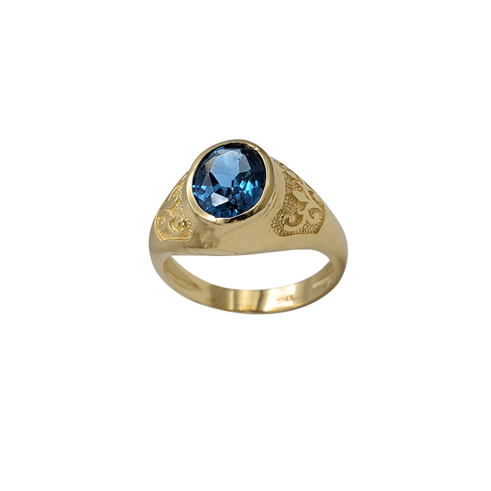 Oval Blue Zirconia Filigree Texture Signet Ring (14K)