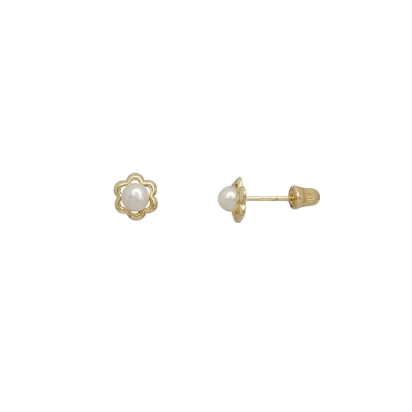 Flower Frame Pearl Stud Earrings (14K)