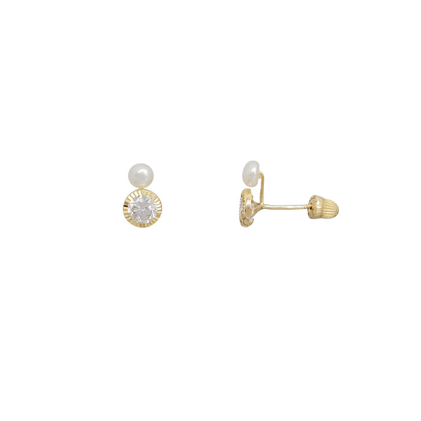 Fluted Bezel Zirconia & Pearl Stud Earrings (14K)