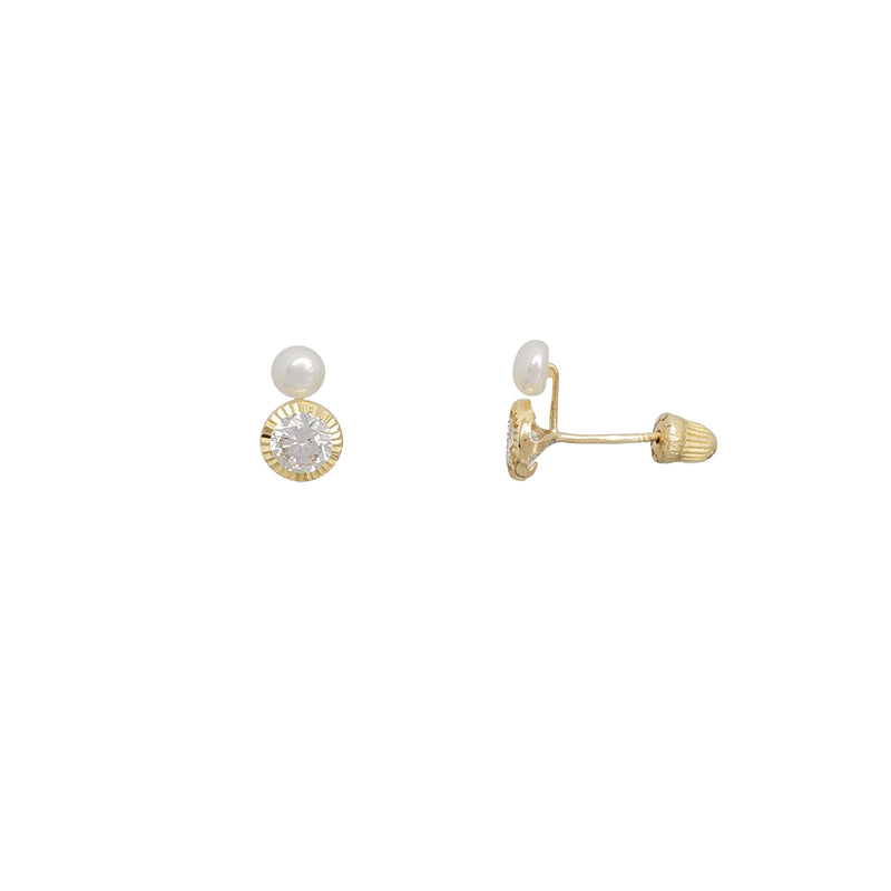 Fluted Bezel Zirconia & Pearl Stud Earrings (14K)