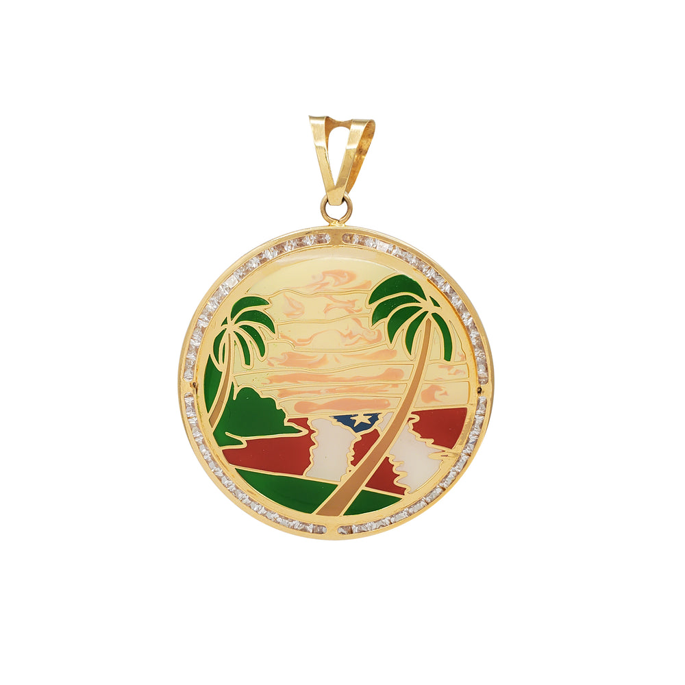 Zirconia Channel-set Puerto Rico Palm Tree View Round Pendant (14K)