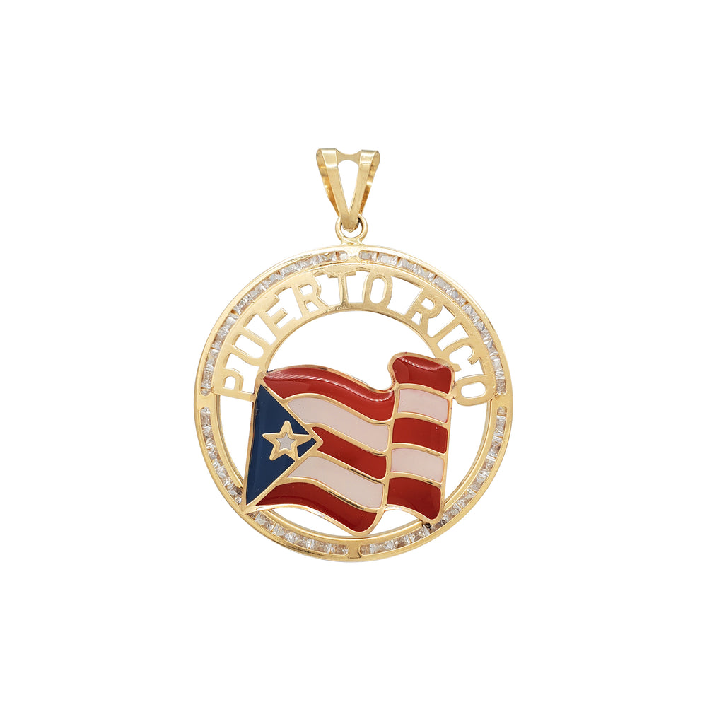 Zirconia Channel-set Puerto Rico Flag Round Pendant (14K)