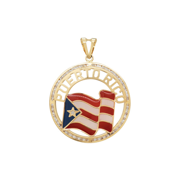 Zirconia Channel-set Puerto Rico Flag Round Pendant (14K)