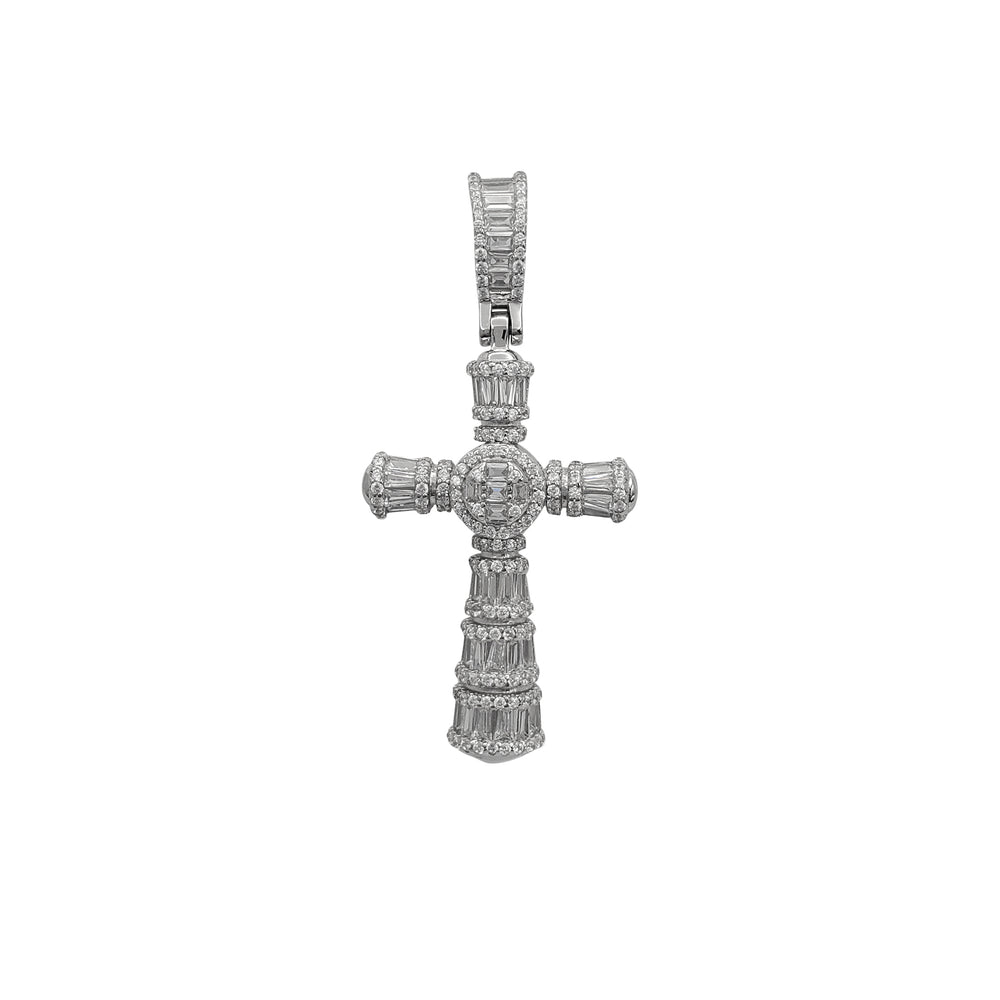 Stone-set Round & Baguettes Sequin Cross Pendant (Silver)
