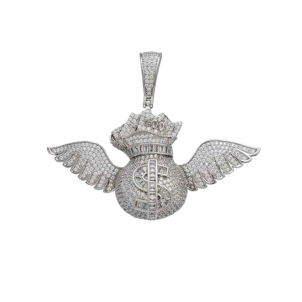 Iced-Out Flying Money Bag Pendant (Silver)