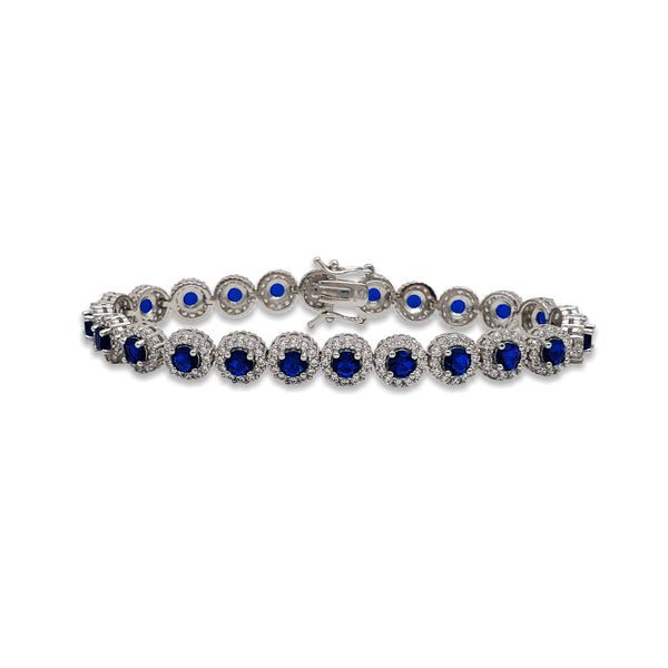 Blue Zirconia Halo Round Tennis Bracelet (Silver)