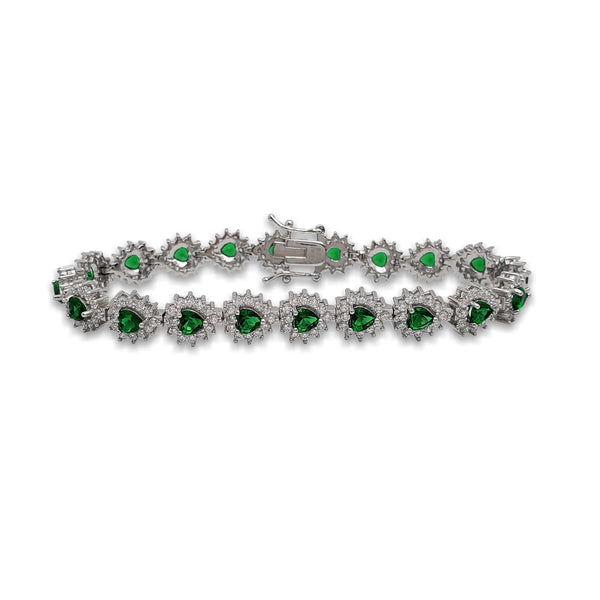 Green Zirconia Halo Heart Tennis Bracelet (Silver)