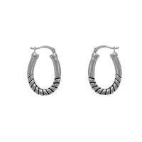 Antique-Finish Ribbed Oval Shape Hoop Earrings (Silver)