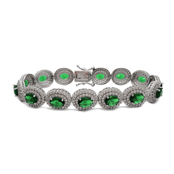 Green Zirconia Halo Oval Tennis Bracelet (Silver)