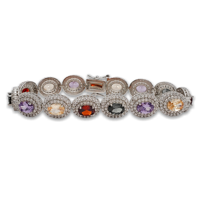 Multicolor Zirconia Halo Oval Tennis Bracelet (Silver)