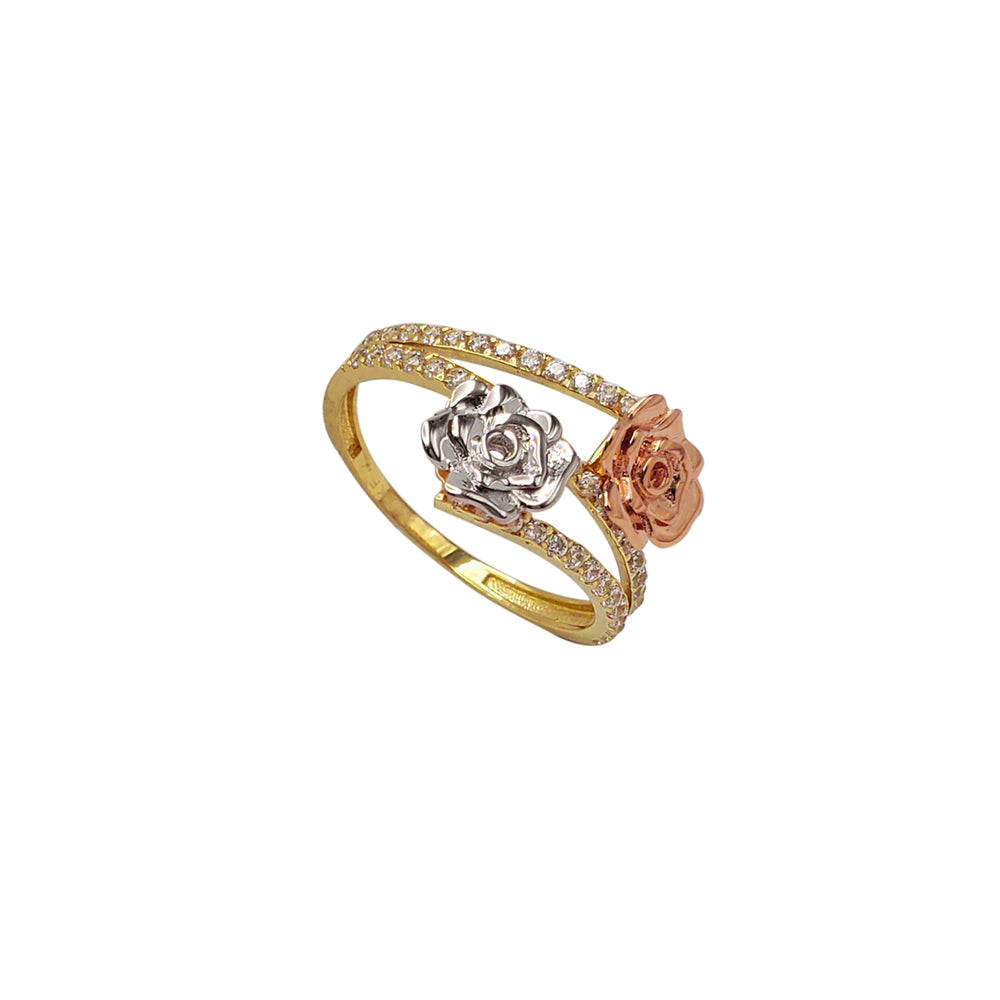 Zirconia Pave Tricolor Blossom Flower Bypass Ring (14K)