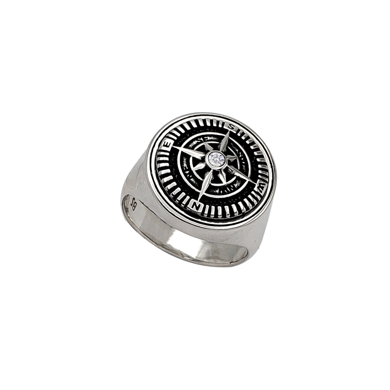 Zirconia Antique-Finish Compass Signet Ring (Silver)