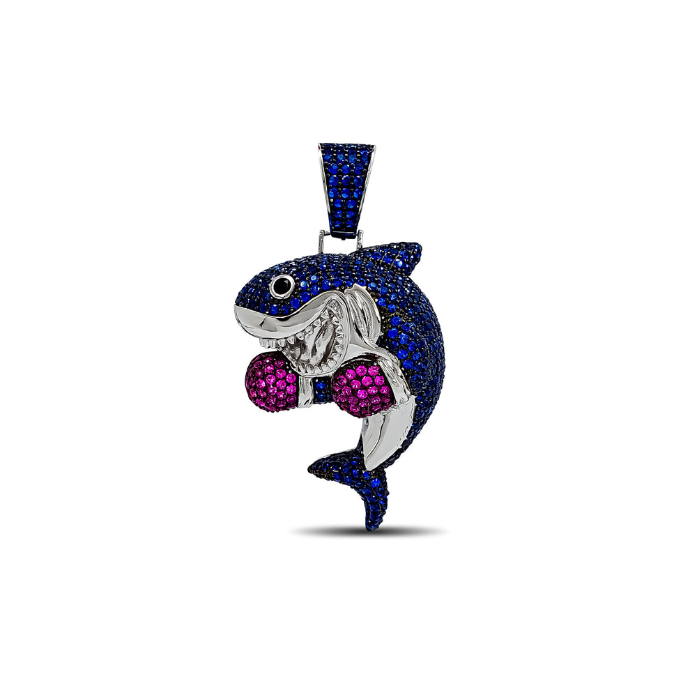 Iced-Out Boxing Blue Shark Pendant (Silver)