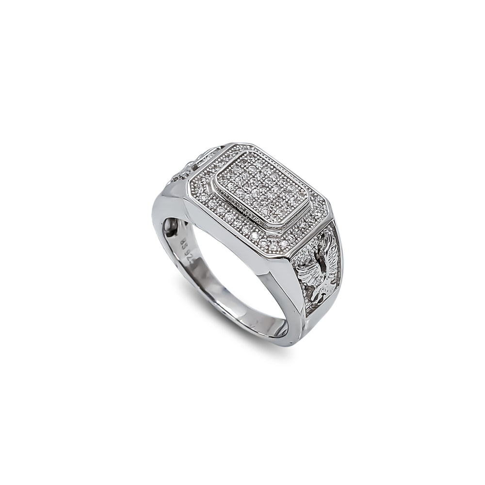 Zirconia Sideways Rectangle Flying Eagle Men's Ring (Silver)
