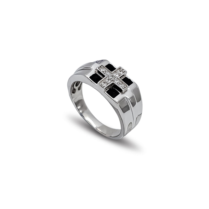 Zirconia Black Enamel Cross Checkered Men's Ring (Silver)