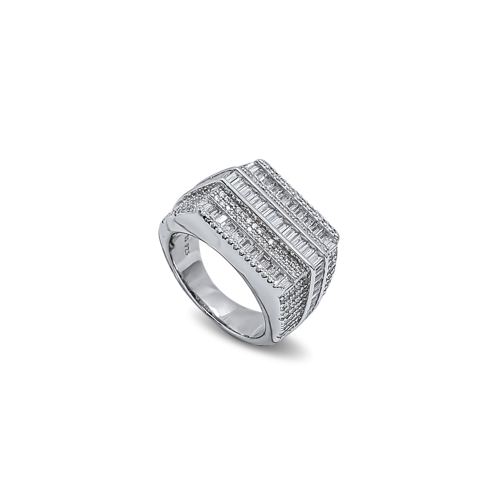 Iced-Out Baguettes & Round Sideways Rectangle Men's Ring (Silver)
