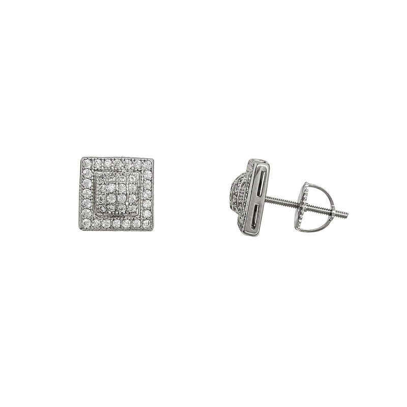 Iced-Out Square Stud Earrings (Silver)