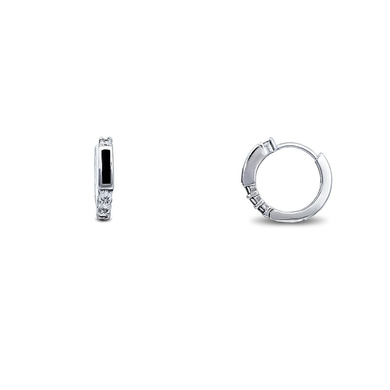 Zirconia & Black Enamel Huggie Earrings (Silver)