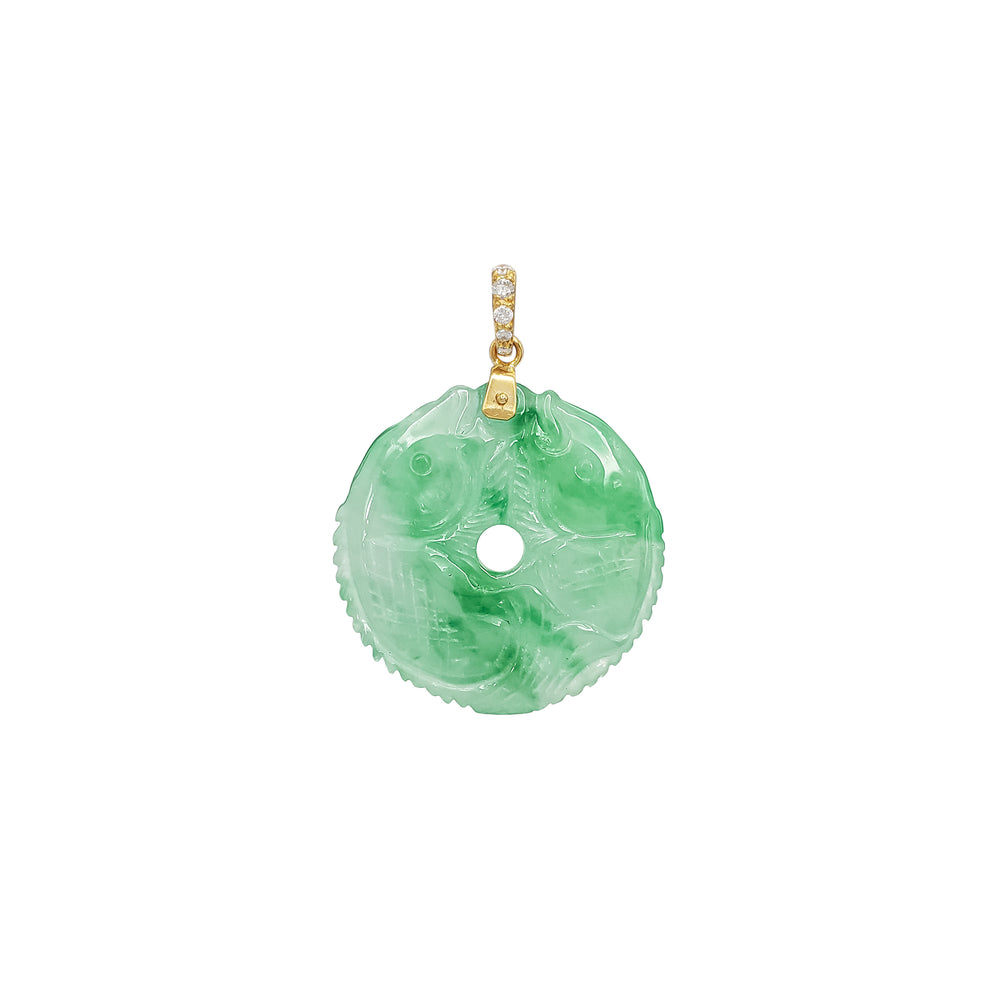 Diamond Bail Jade Double Fish Circle Pendant (14K)