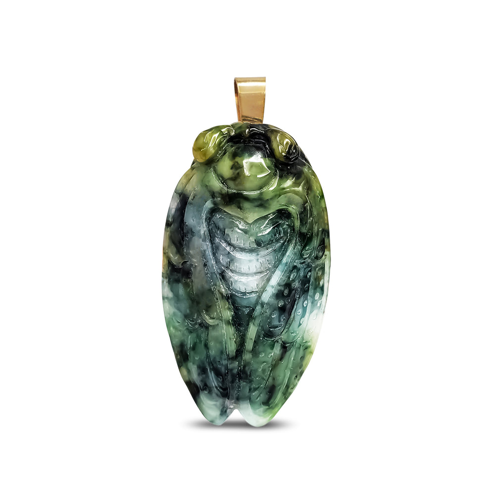 Marbled Green Jade Cicada Pendant (14K)
