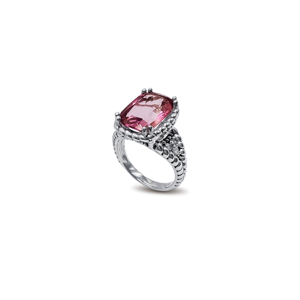 Pink Zirconia Braided Vintage Lady Ring (Silver)
