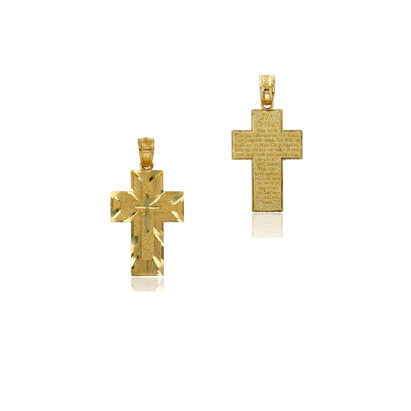 Yellow Gold Texture Our Father Prayed Engraved Cross Pendant (14K)