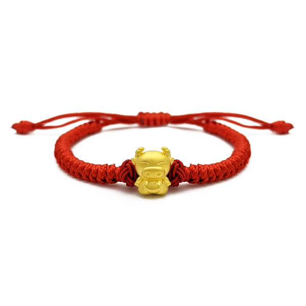 Happy Ox Chinese Zodiac Red String Bracelet (24K) front - Popular Jewelry - New York