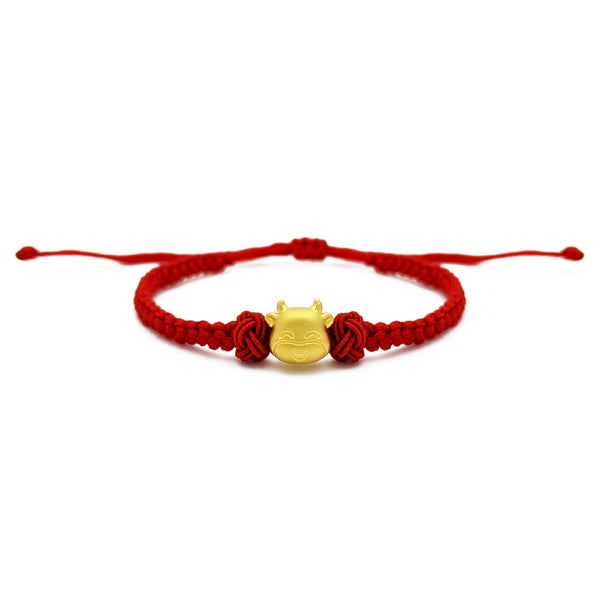 Smiley Kawaii Ox Face Chinese Zodiac Red String Bracelet (24K) front - Popular Jewelry - New York
