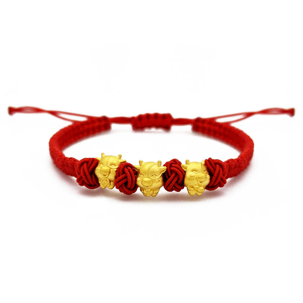 Triple Ox Chinese Zodiac Red String Bracelet (24K) front - Popular Jewelry - New York