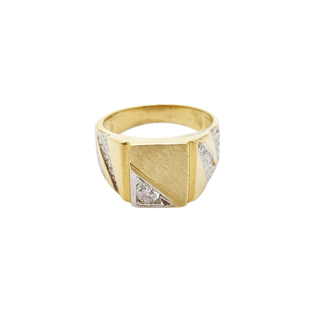 Two-Tone Notched Rectangle Zirconia Signet Ring (14K)