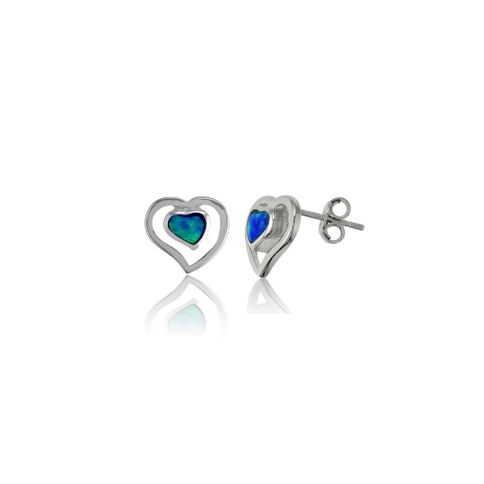 Blue Opal Open Heart Stud Earring (Silver)