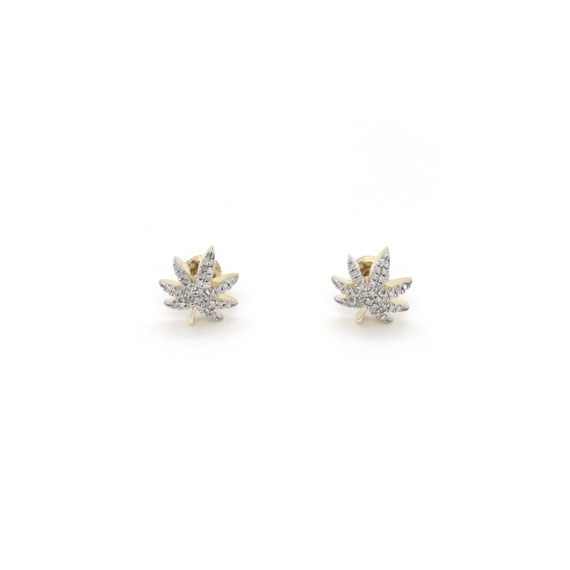 Diamond Iced Marijuana Leaf Stud Earrings (10K) front - Popular Jewelry - New York
