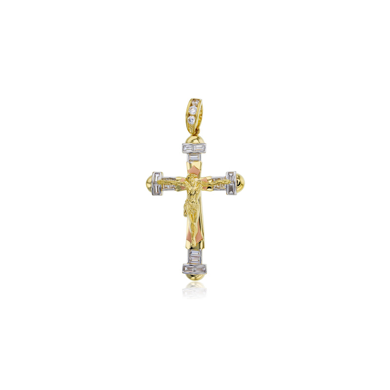 Tricolor CZ Baguette Jesu Cross Pendant (14K)