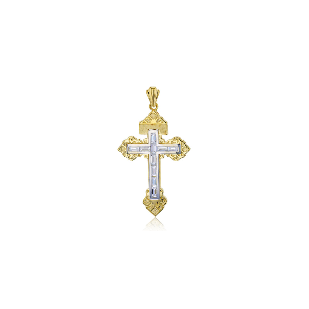 Yellow Gold CZ Baguette Cross Pendant (14K)
