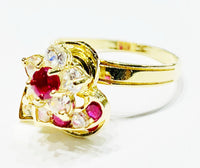 Flower and double heart motion CZ ring (14K).